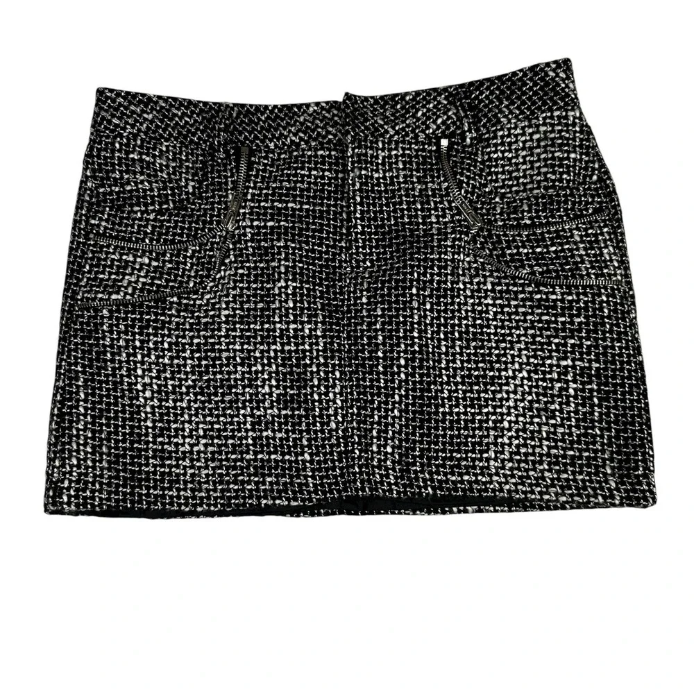 ALLEN B. by ALLEN SCHWARTZ Textured Tweed Mini Skirt Black White Zipper‎ Pockets - Picture 2 of 6